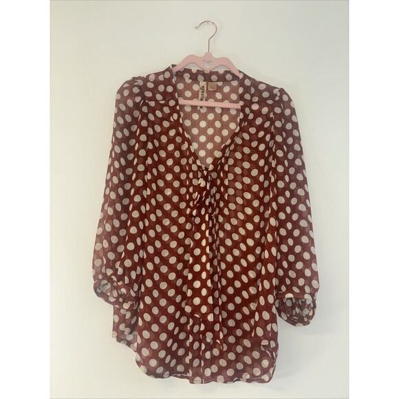 Eye Shadow Orange Polk A Dot Blouse Sz Med Bow Tie Folk Boho Professional Offic - Picture 1 of 9